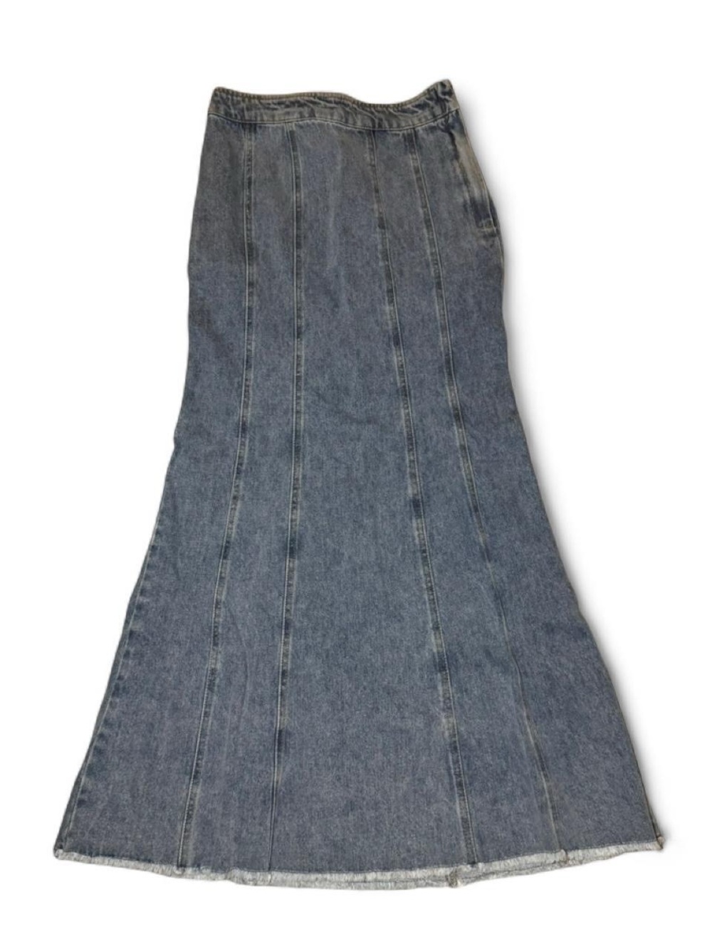 Bohemian Ghanda blue denim maxi skirt with vertical stitching, size 8 🪷